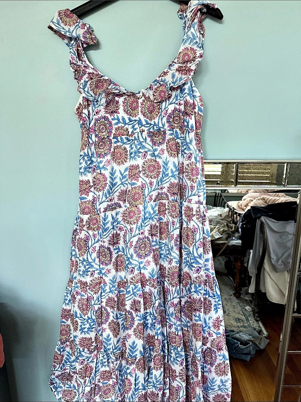 J.Crew Ruffle Tiered Maxi Dress in Block Floral White & Blue Medium